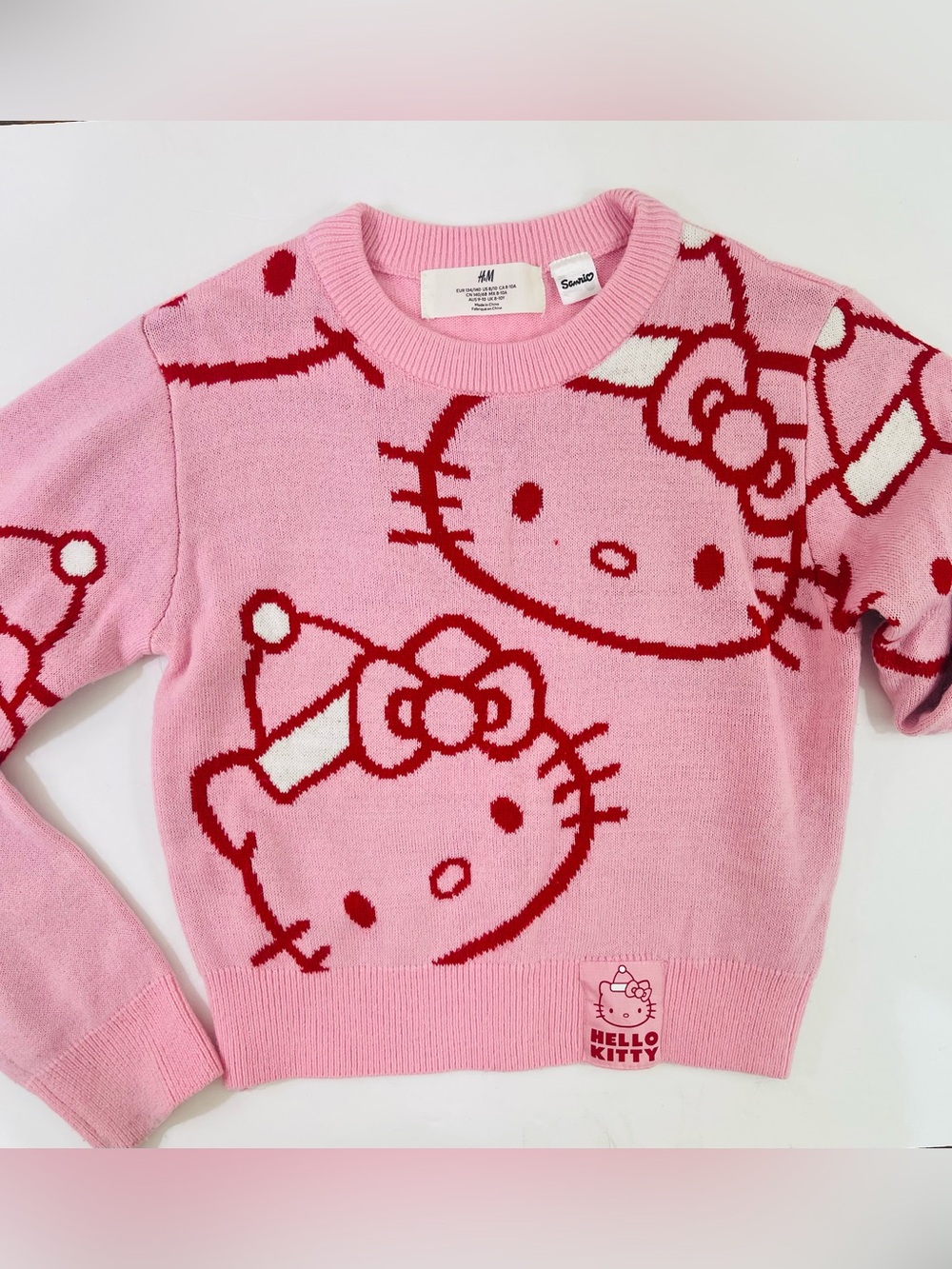 H&M Girls Pink Hello Kitty Graphic Crewneck Sweater with Red Accents